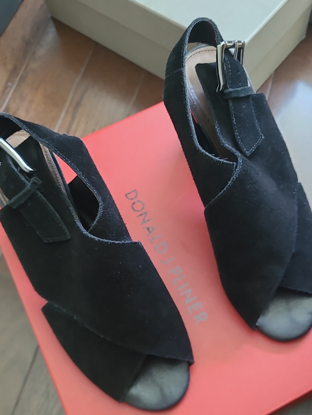 Donald J. Pliner Black Suede Peep-Toe Slingback Wedges